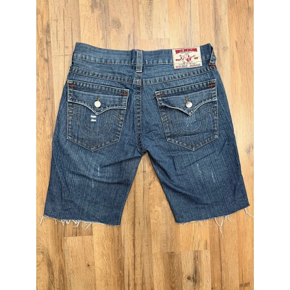 True Religion Billy Jeans Shorts Men 34 Made USA Distressed Cutoff Raw Hem Denim